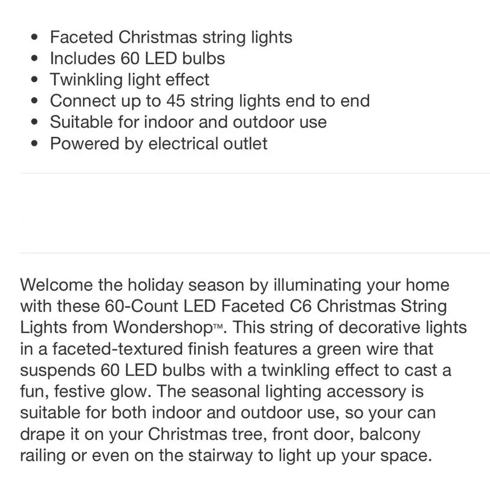 Wondershop 60 LED Faceted C6 Christmas String Lights/Twinkling/Multi-color - NEW
